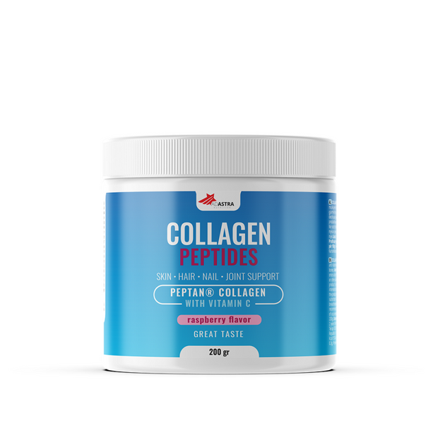 COLLAGEN PEPTIDES with raspberry flavor - dietary supplement powder with collagen peptides and vitamin C, intended for maintaining the health of the skin, joints, muscles and bones.